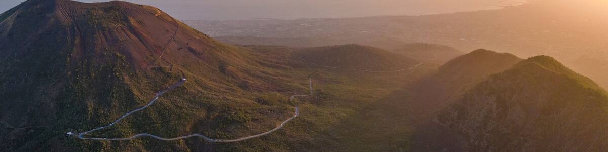 Panoramic aerial view of Mount Vesuvius, a volcano in Naples, Campania, Italy.