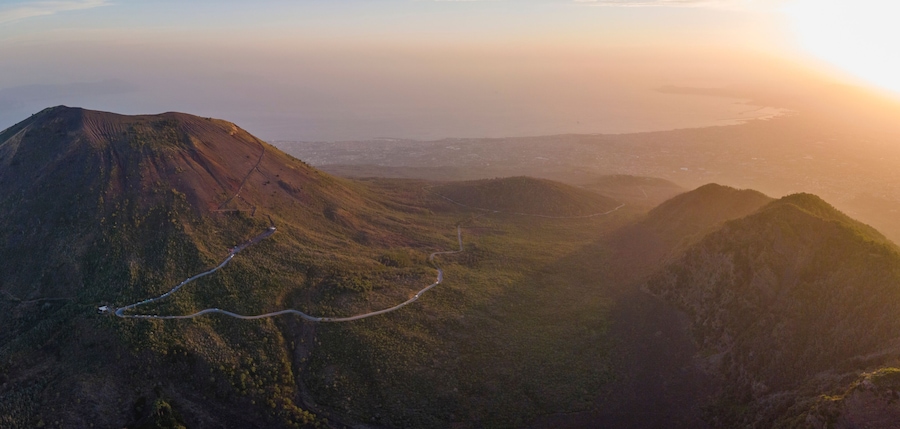 Panoramic aerial view of Mount Vesuvius, a volcano in Naples, Campania, Italy.