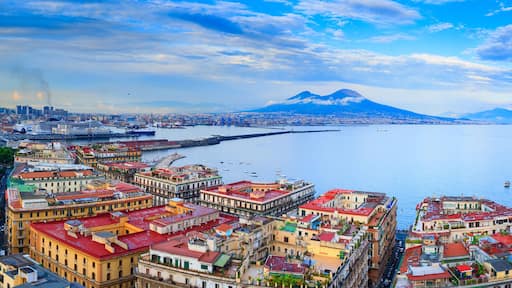 Panoramic seascape of Naples, view of the port in the Gulf of Naples, Torre del Greco, and Mount Vesuvius. The province of Campania. Italy.