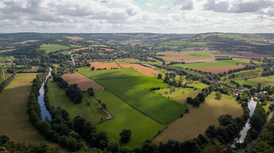 Aerial view of Clecy village with green fields, Swiss Normandy, Normandy, France