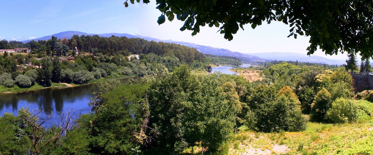 A river winding through a forested valley with a mountain range in the background.