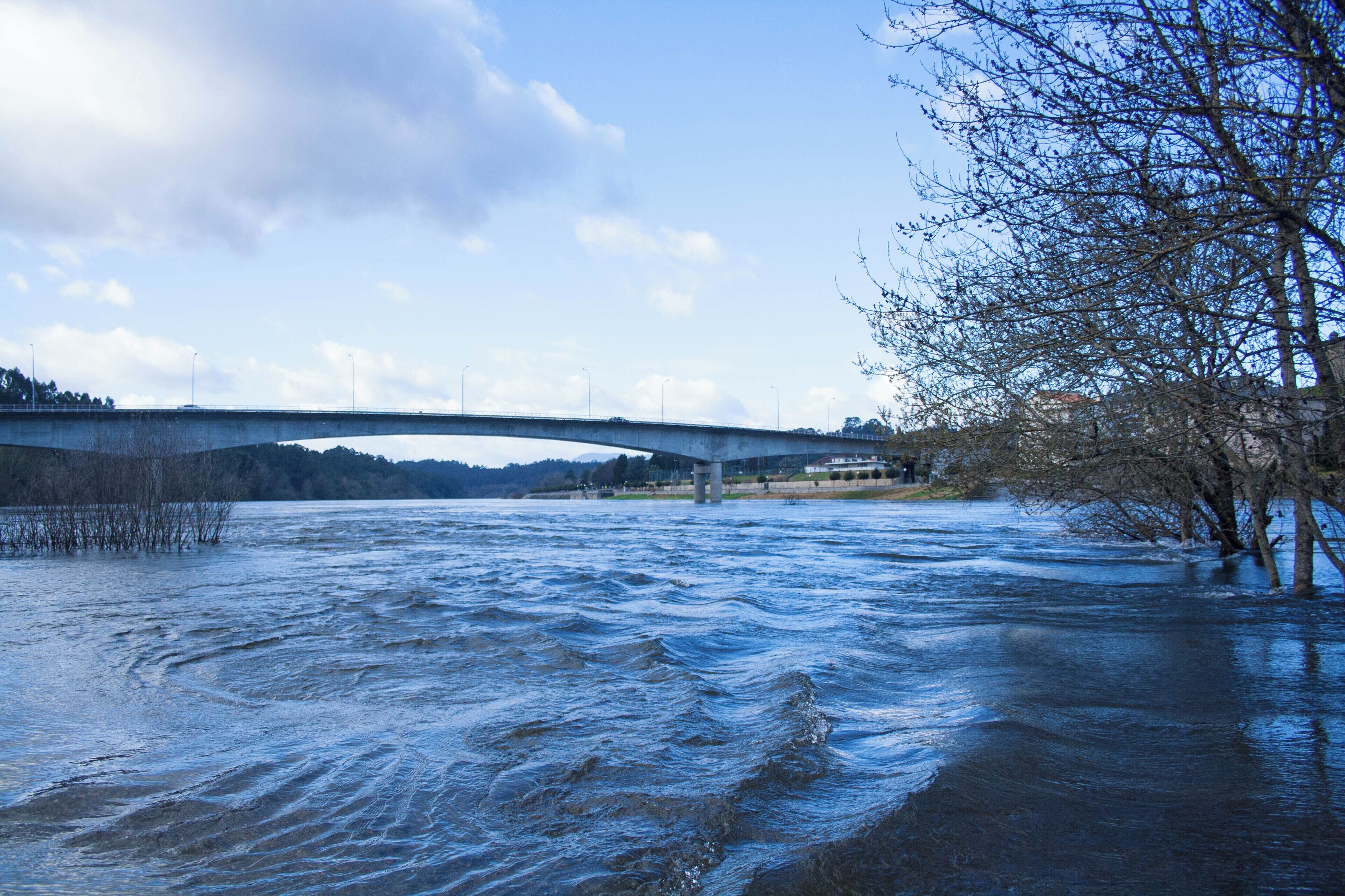 A river with a bridge, trees, and a distant hilly landscape.
