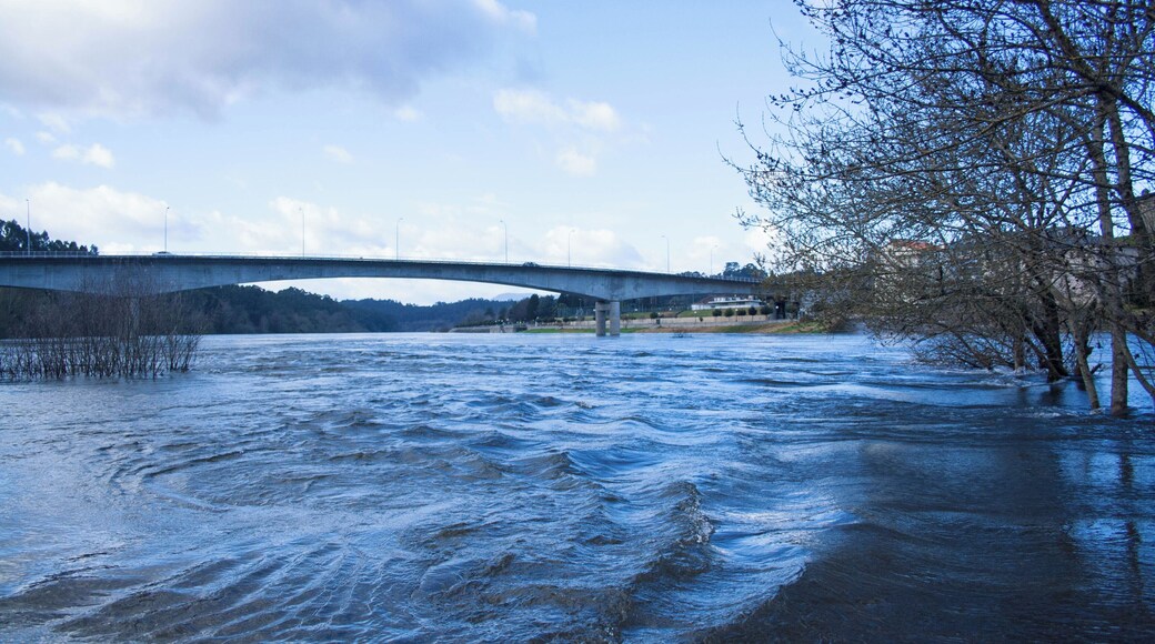 A river with a bridge, trees, and a distant hilly landscape.