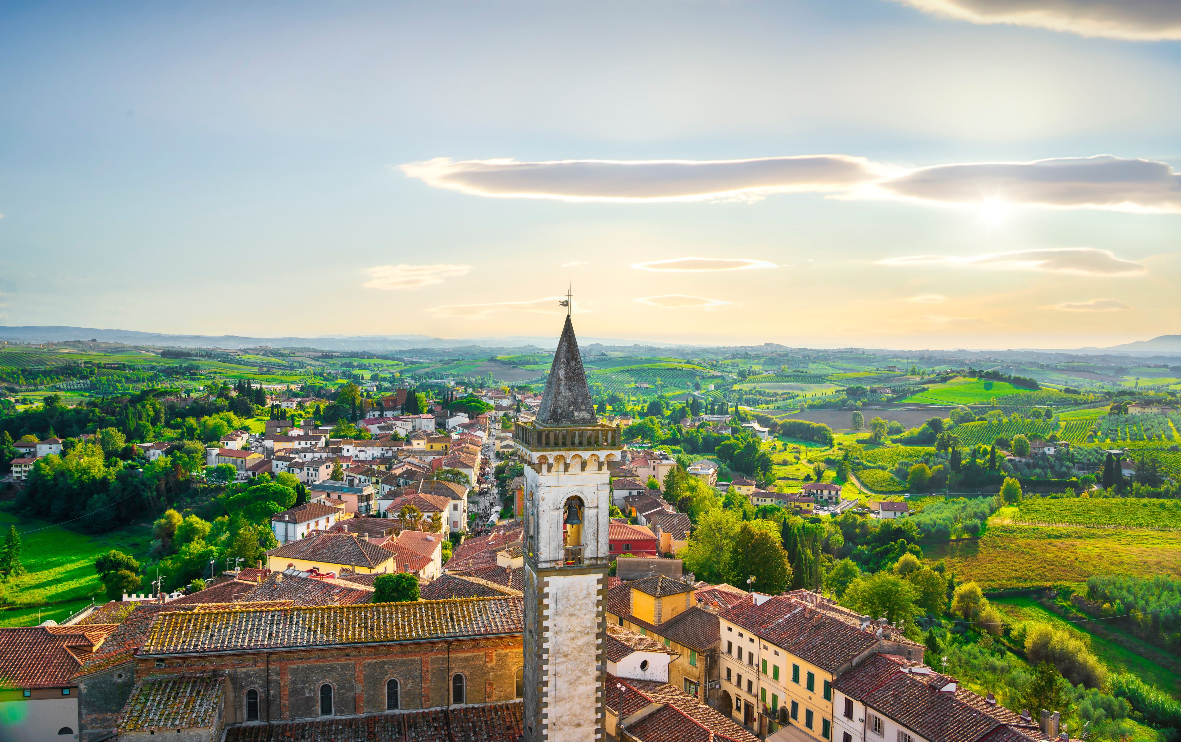 Vinci, Leonardo birthplace, view and bell tower of the church. Florence, Tuscany Italy