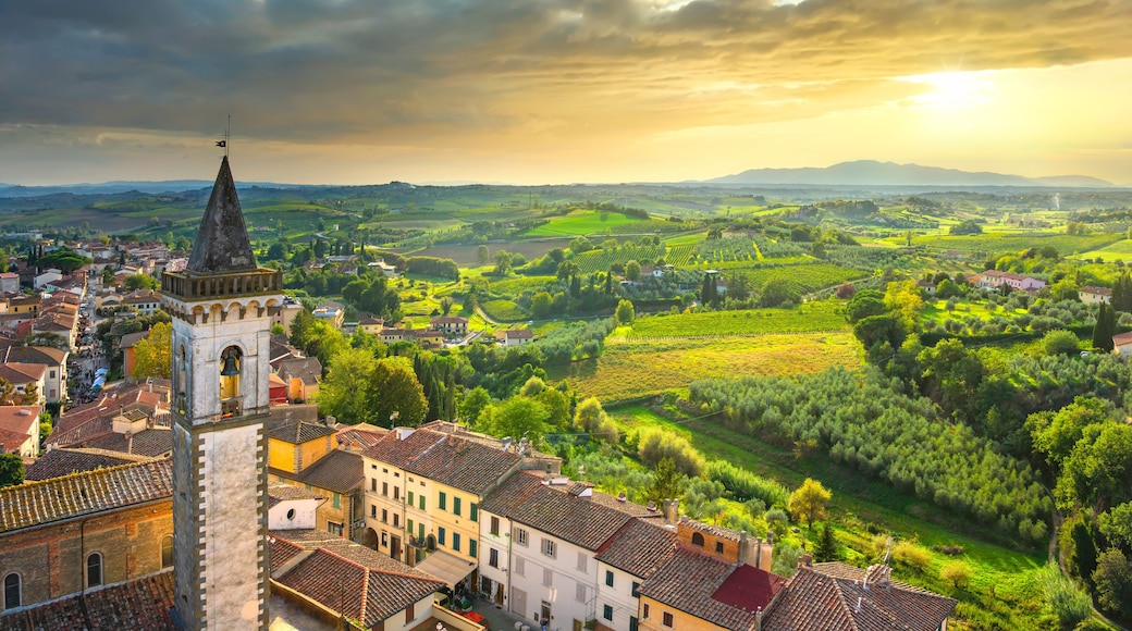 Vinci, Leonardo birthplace, view and bell tower of the church. Florence, Tuscany Italy