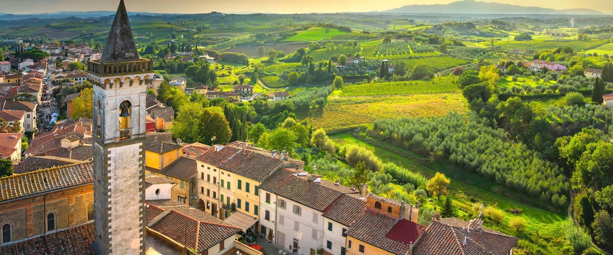 A historic town with a prominent church tower, terraced vineyards, and rolling hills in the background.