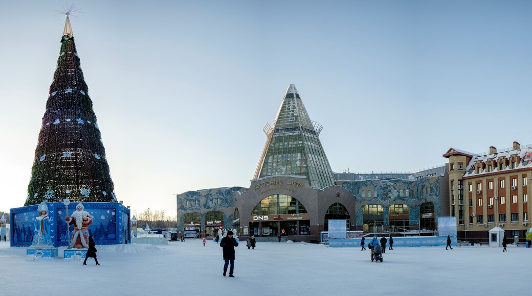 Khanty-Mansiysk, Russia. 19 December, 2018. Panoramic view of the city center, the main city Christmas tree. Big size image.
