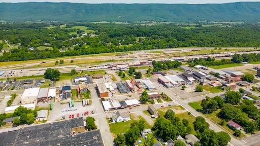Aerial drone photo of Etowah Tennessee Polk County with mountain view