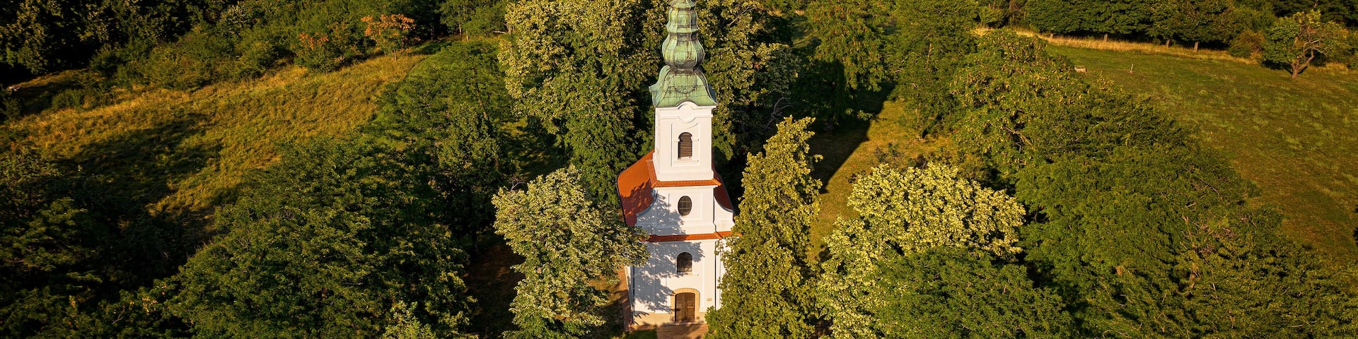 Aerial view on a small chapel in Szantodpuszta, Hungary