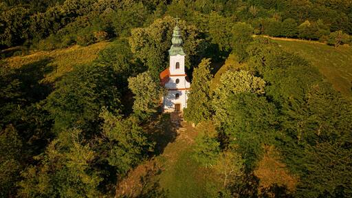 Aerial view on a small chapel in Szantodpuszta, Hungary
