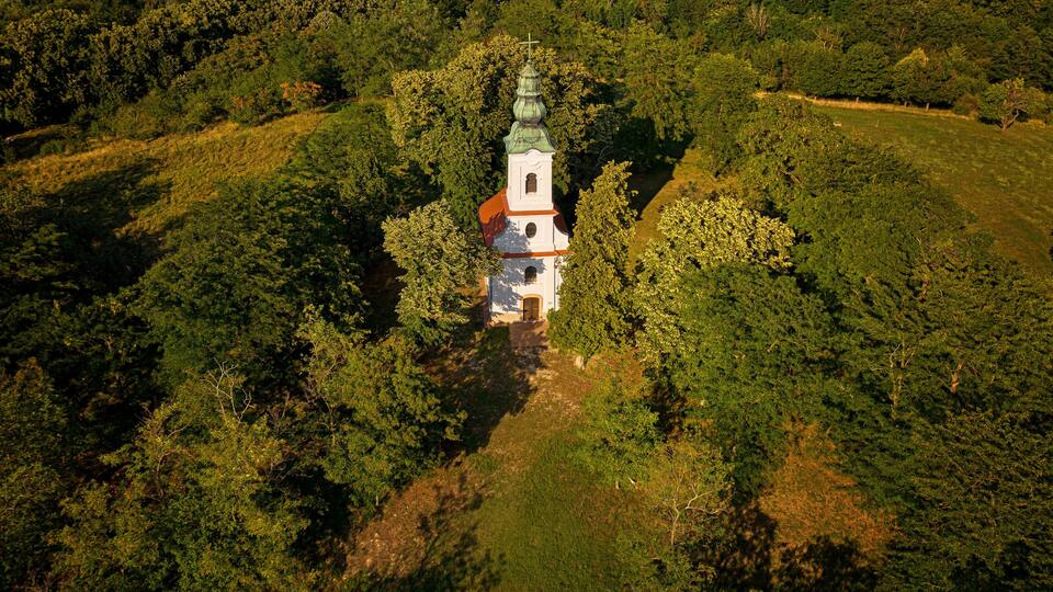 An aerial view of a church surrounded by dense forest.