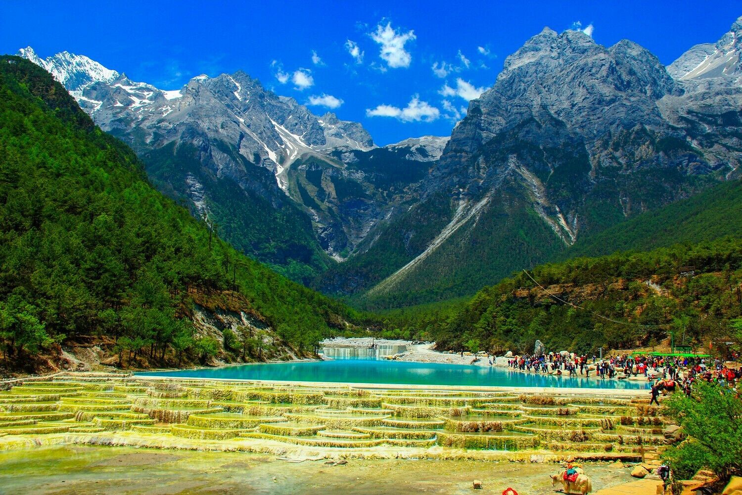 Terraced rice fields, a turquoise lake, and snow-capped mountains.