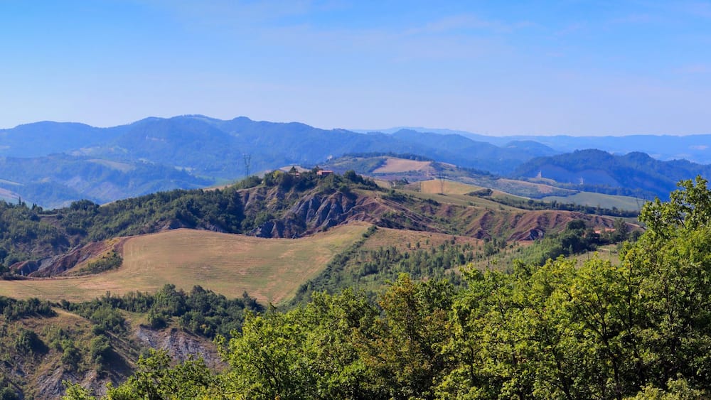 Eine gebirgige Landschaft mit sanften Hügeln, dichten Wäldern und fernen Gipfeln unter blauem Himmel.