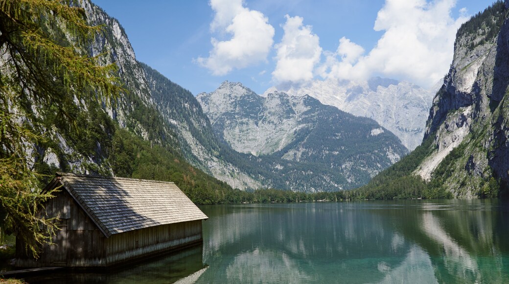 Boathouse at lake Obersee and scenic landscape in Schoenau am Koenigssee, Bavaria, Germany