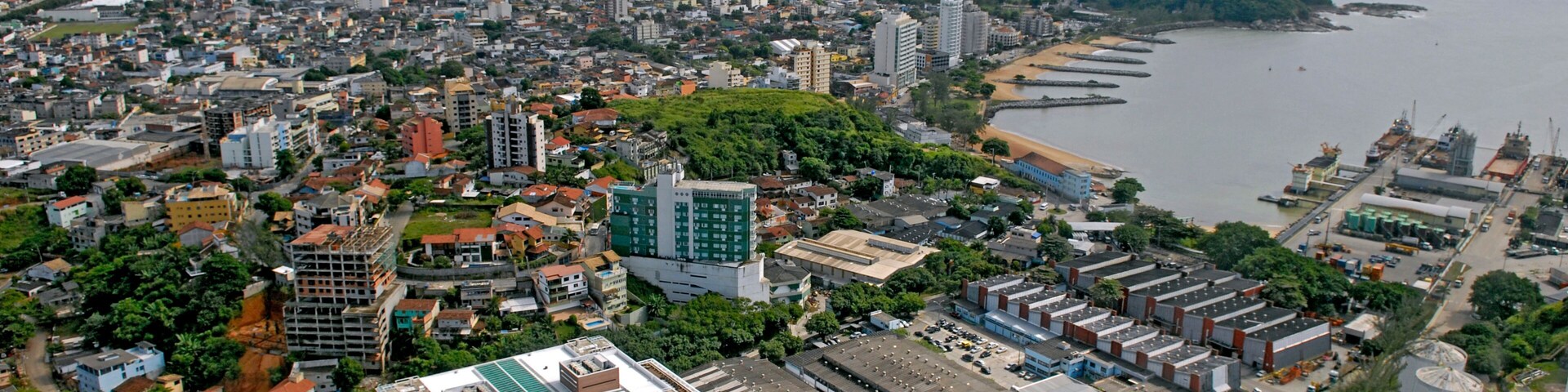 Un paisaje urbano costero con edificios densos, una gran masa de agua y una colina verde.