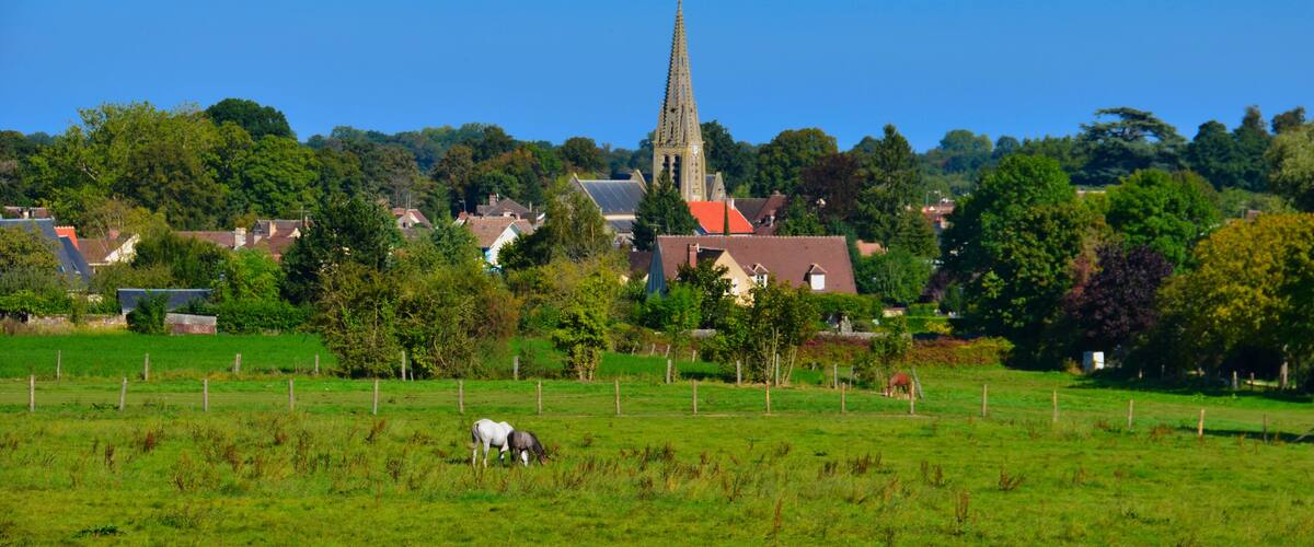 A rural landscape with a church spire, green fields, and grazing horses.