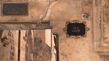 An old stone wall with two plaques, one reading "ULU CAMII" and the other "M.S. 1199".