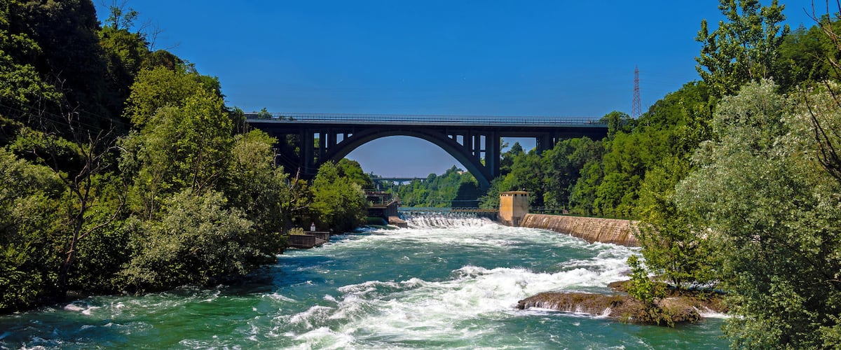 The A4 bridge over the raging Adda river, seen from the footbridge between Trezzo sull'Adda and Crespi d'Adda