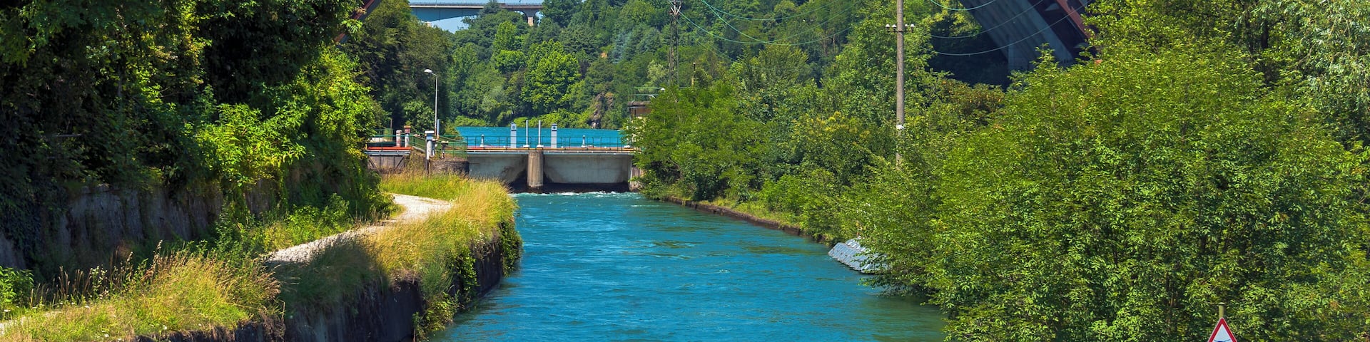 A river under a bridge with lush greenery on both sides.