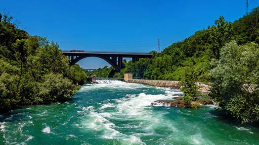 View up the River Adda, showing the A4 bridge, from the footbridge between Trezzo sull'Adda and Crespi