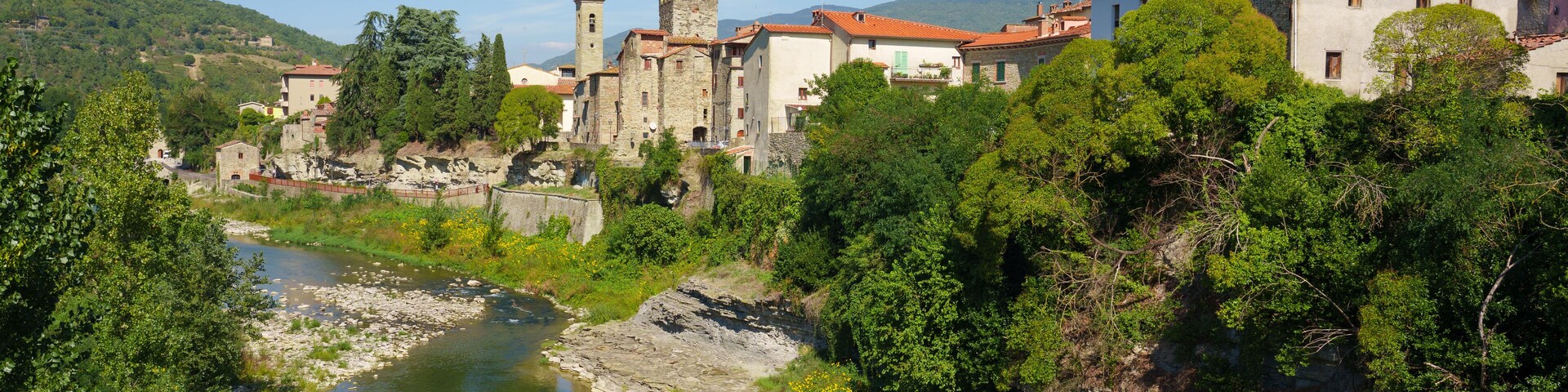 Un río serpentea por un pueblo con edificios históricos y una torre.