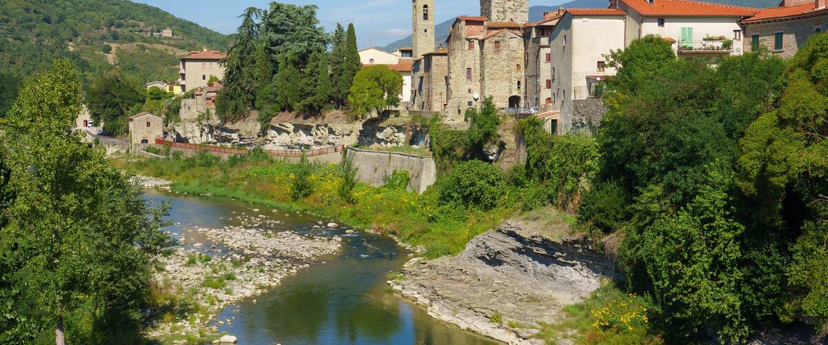 A river flowing through a town with historic buildings and a tower.