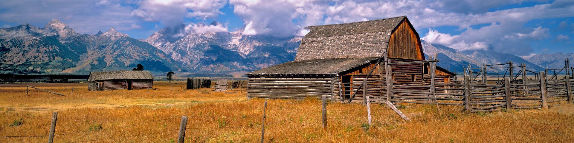 USA, Wyoming, Grand Teton NP. An old wooden barn is part of a homestead in Grand Teton National Park, Wyoming.