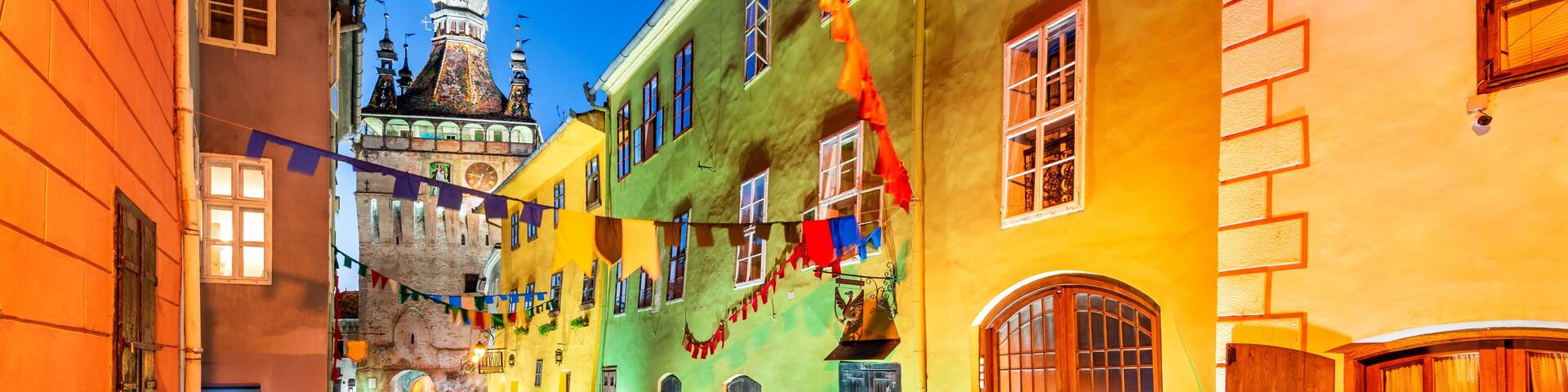 Sighisoara, Romania - Downtown view with Clock Tower
