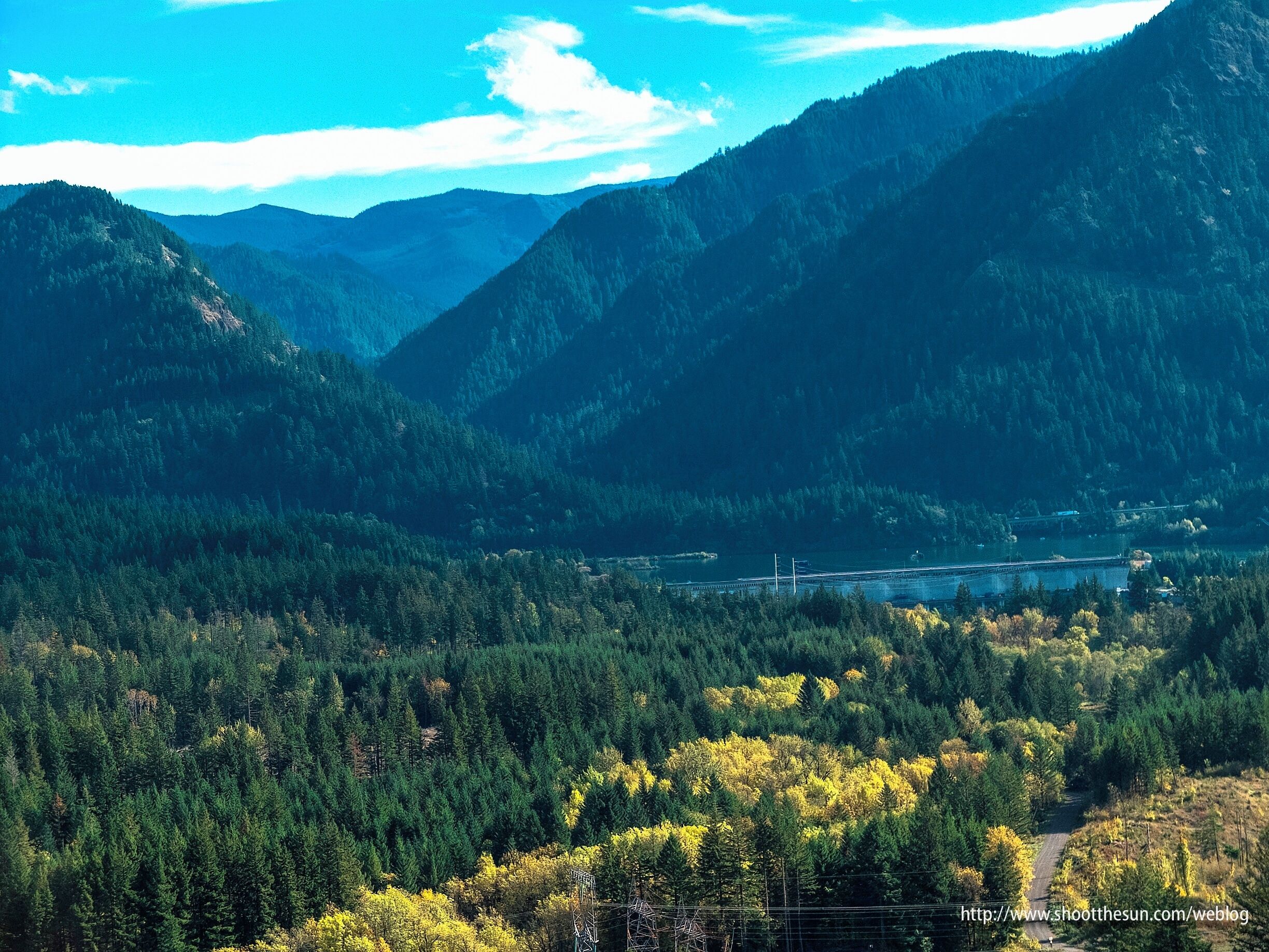 A mountainous landscape with dense forests and a bridge spanning a valley.