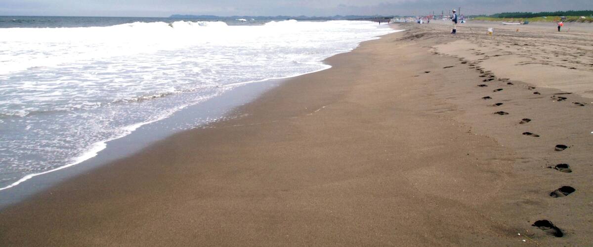 A beach with waves, footprints, and people.