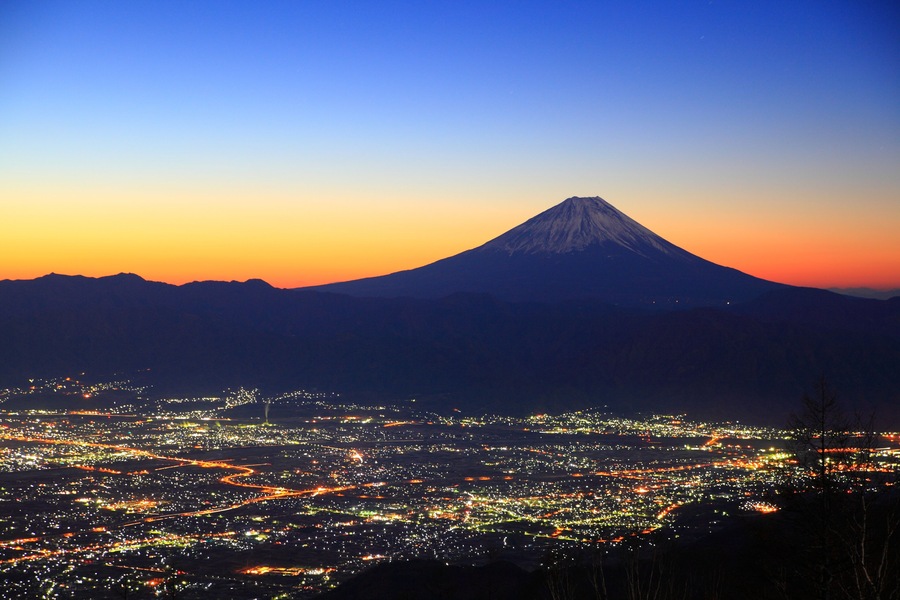 Mt. Fuji and Kofu city at dawn, Yamanashi, Japan