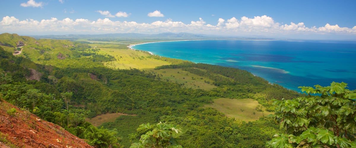 A coastal landscape with lush greenery, a winding road, and a clear blue sea.