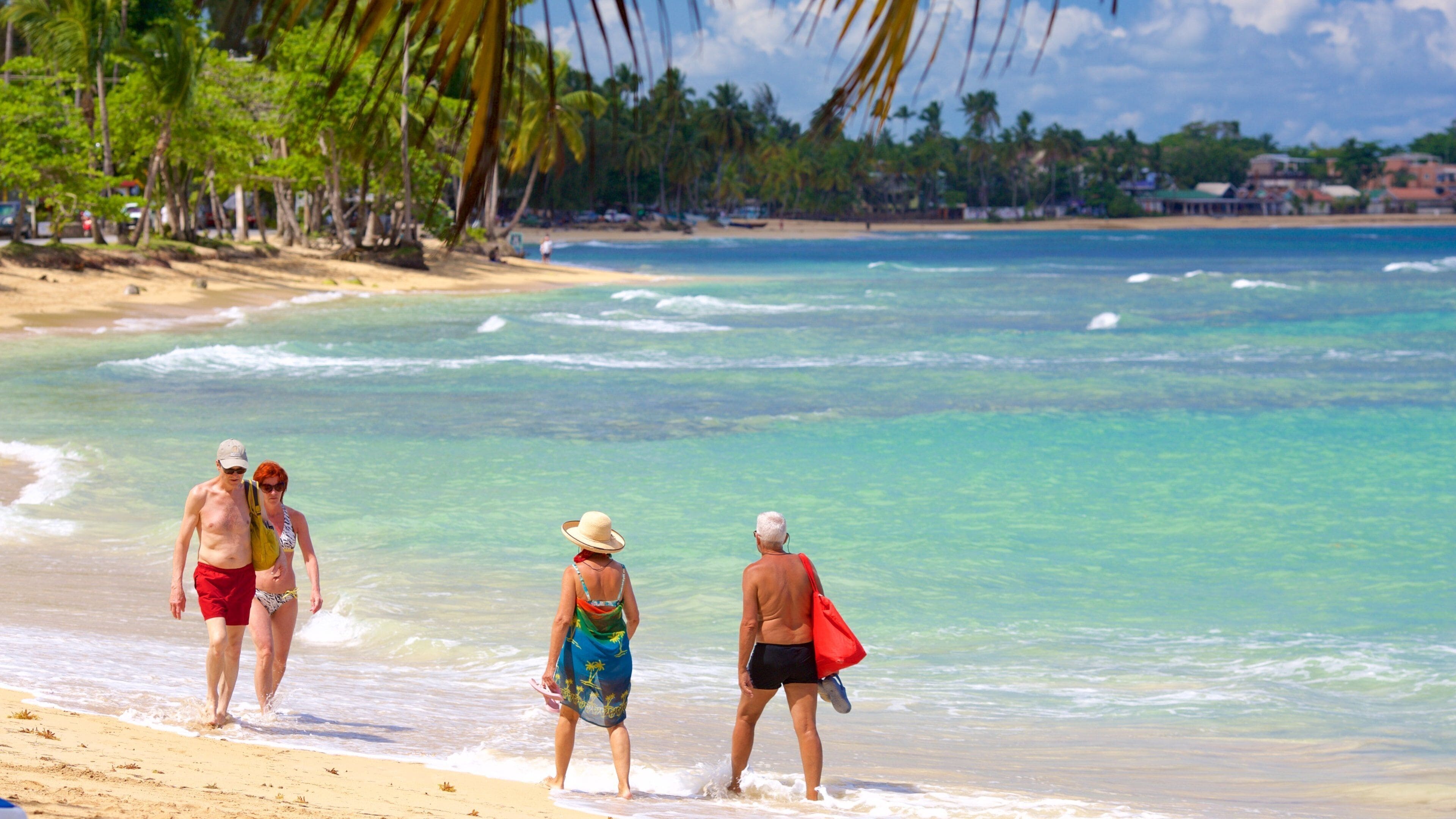 A beach with clear turquoise water, palm trees, and a distant shoreline with buildings.