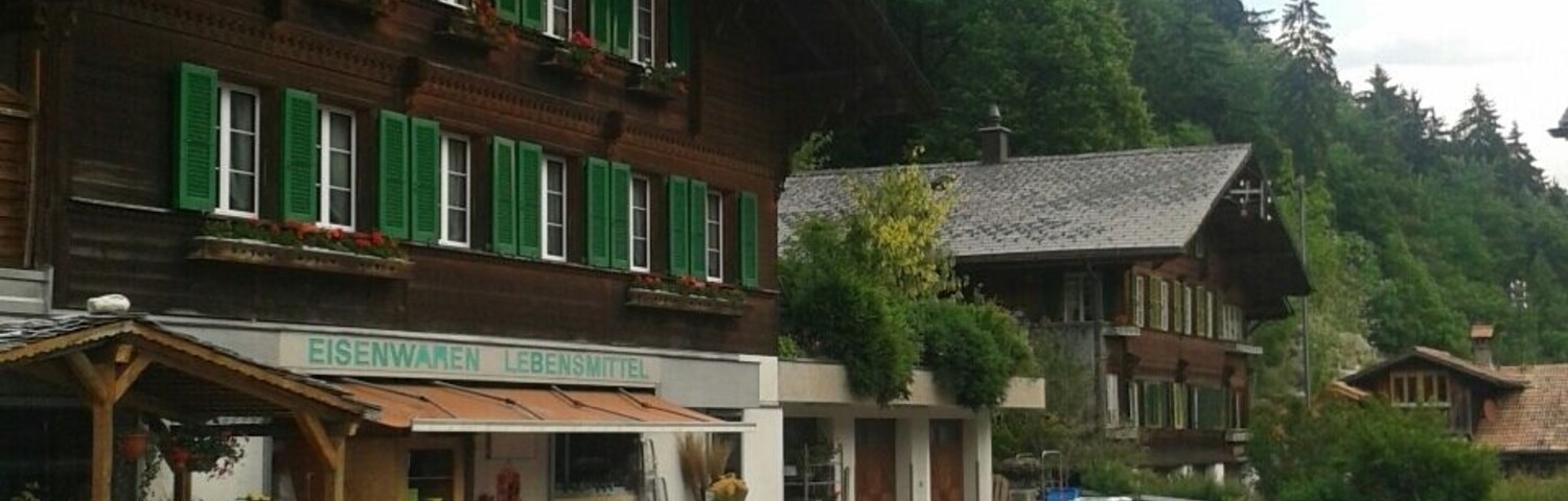 A rural street with traditional wooden buildings, a small shop with green shutters, and a mountain backdrop.