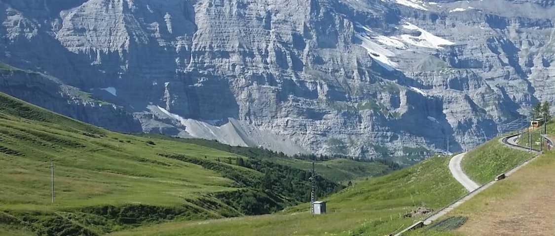 Una carretera de montaña con un cartel de Depot Jungfrauhahn, rodeada de picos nevados y campos verdes.