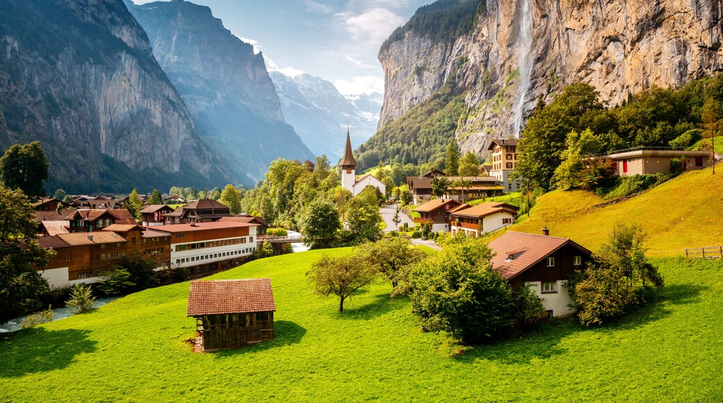 Summer view of alpine valley of Lauterbrunnen. Location place Swiss alp, Europe.