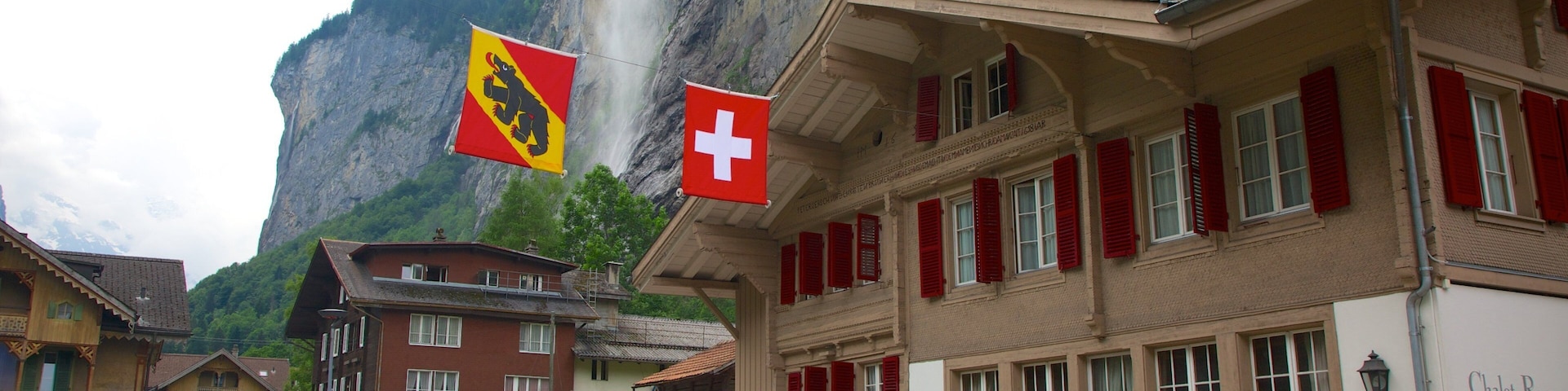A street with buildings, a flag, and a mountain.
