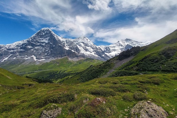 The big three (Eiger, Mönch, and Jungfrau) with a peak of the Silberhorn along the Panorama Trail in the Berner Oberland. #Takeahike