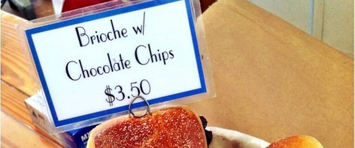 Brioche buns with chocolate chips priced at $3.50.