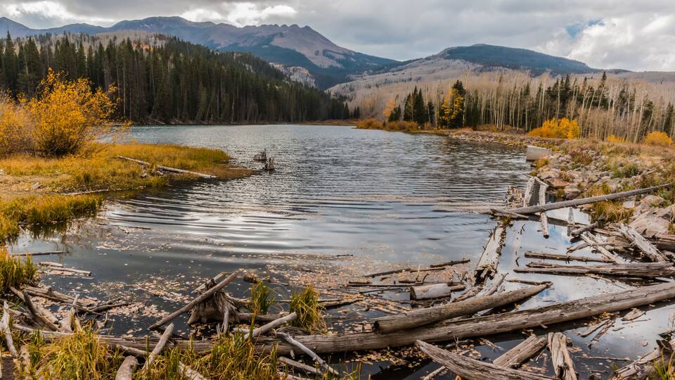A river with surrounding forest and mountains.