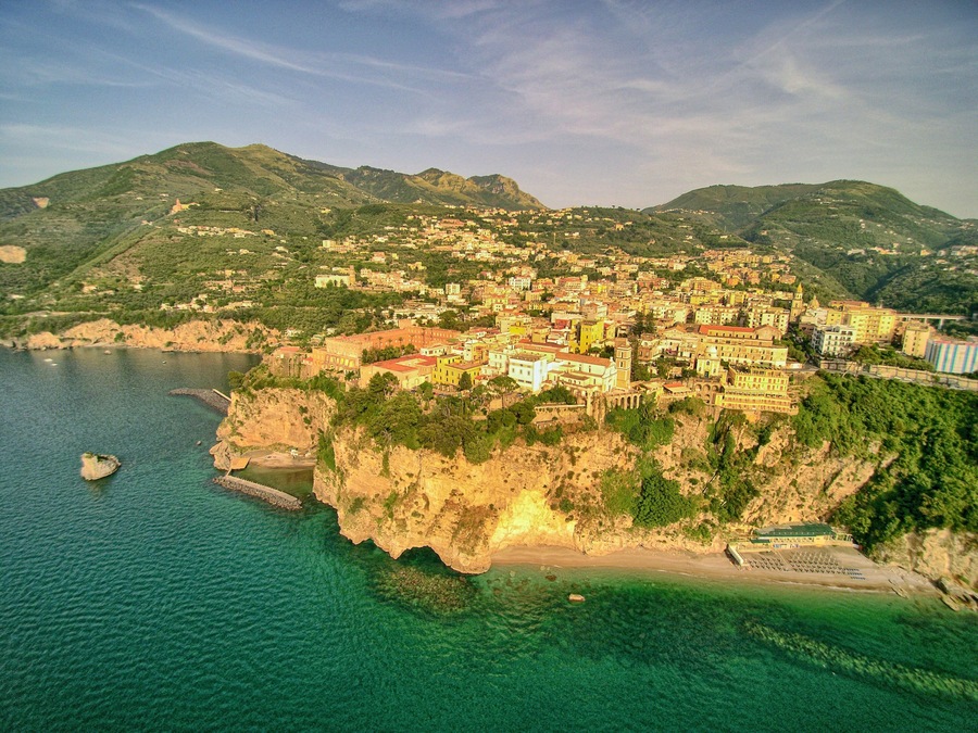 Vico Equense (Neaples) seen from the sea with a drone.