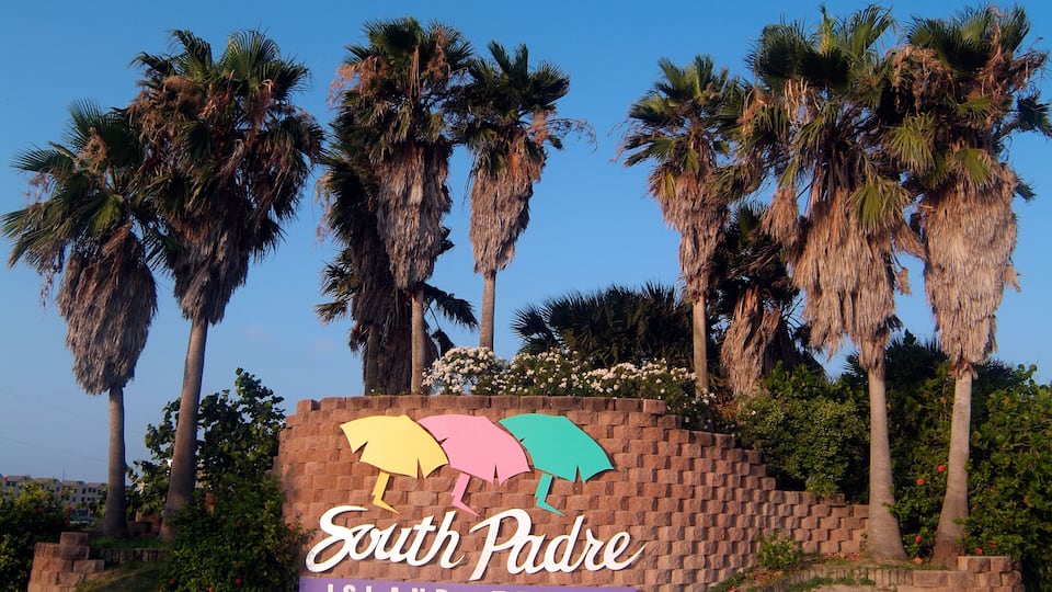 A sign for South Padre Island, Texas, with palm trees and a clear blue sky in the background.