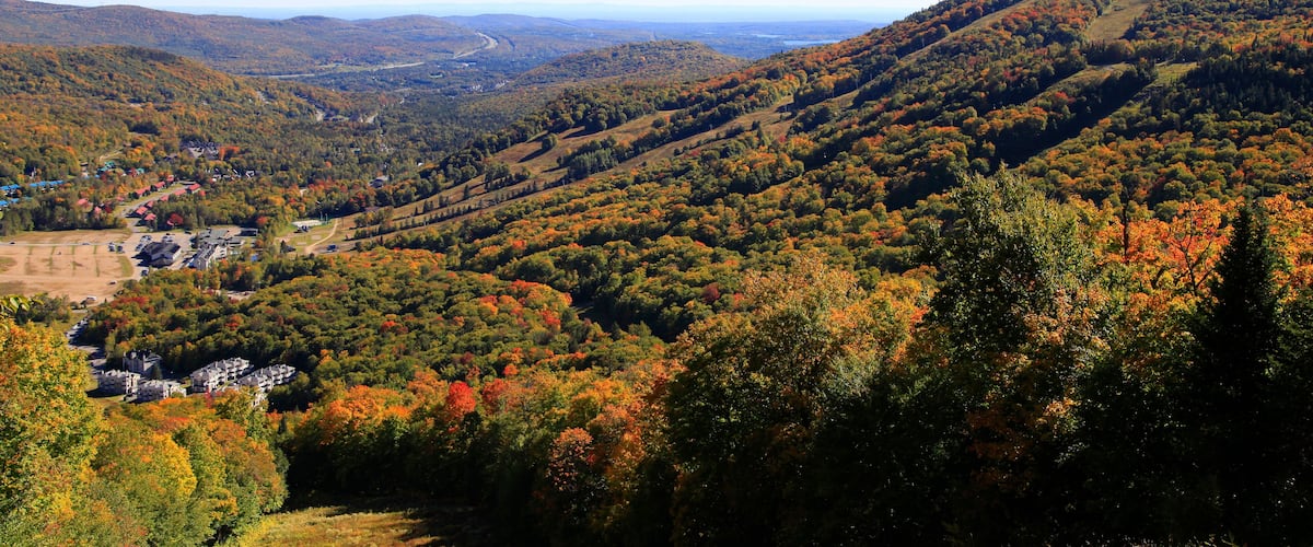 A valley with autumn foliage, a winding road, and scattered buildings.