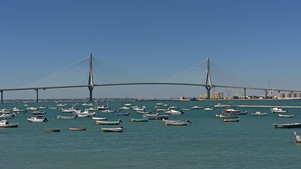 The Constitution of 1812 Bridge, also known as La Pepa Bridge, across the Bay of Cadiz, linking Cadiz with Puerto Real. Andalusia, Spain