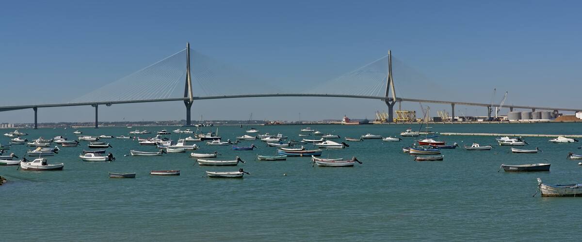 A large suspension bridge over a body of water with numerous small boats anchored nearby.