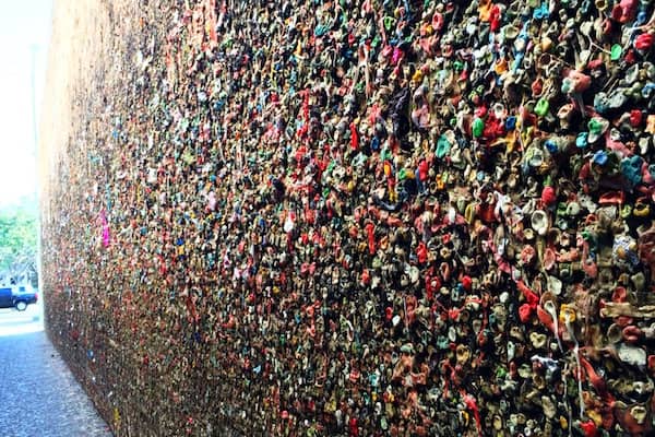 Bubblegum alley is located in downtown San Luis Obispo , California. Pretty cool and kind of disgusting. Thousands of people come here and stick their own piece of gum on the walls.