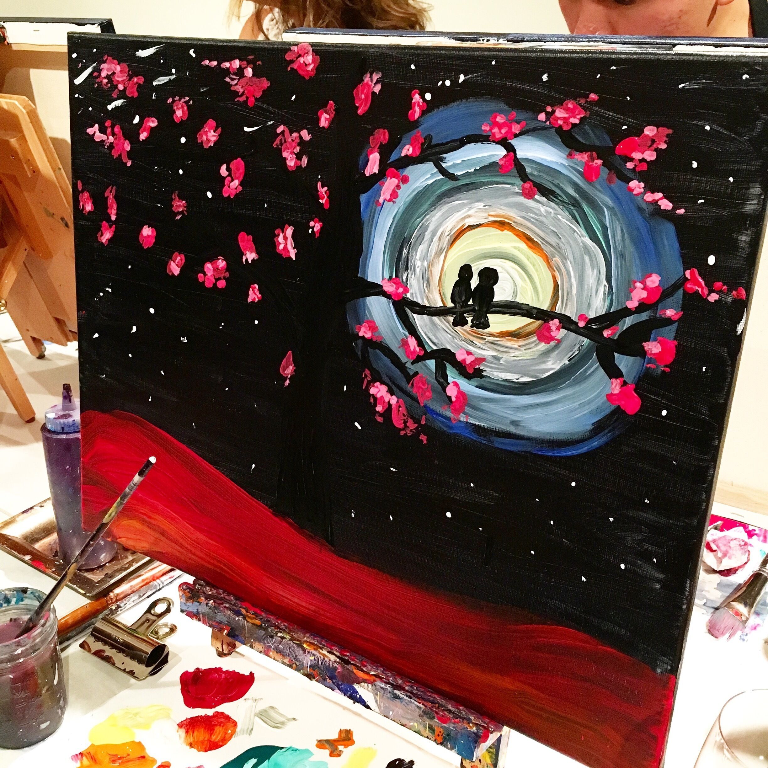 Go online and look for an evening that suits your mood and painting style. Local artists walk you through this artist process. I happen to be a hopeless romantic and painted the "Love Birds" Simple beverages served, with a small selection of appetizers to keep you mellow and content as you paint with friends. 