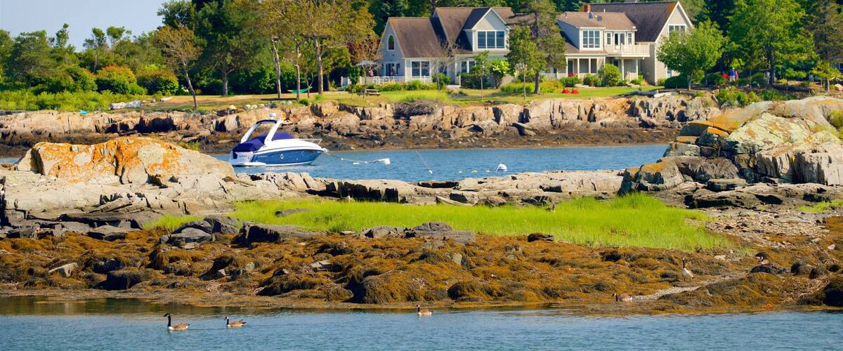 A rocky shoreline with a boat, a house, and a forest in the background.