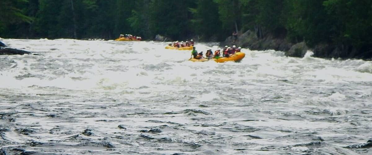 A group of people rafting down a river surrounded by dense forest.