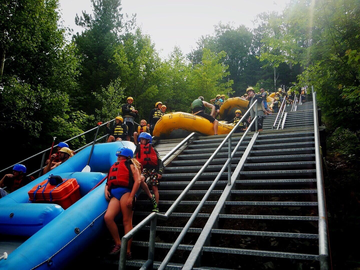 Harris Station Dam is the put in spot for rafting the famous Kennebec River in the West Forks region of Maine.  The dam owners installed these huge steps and raft guide bars down the 300 foot bank so rafters could put in safely.